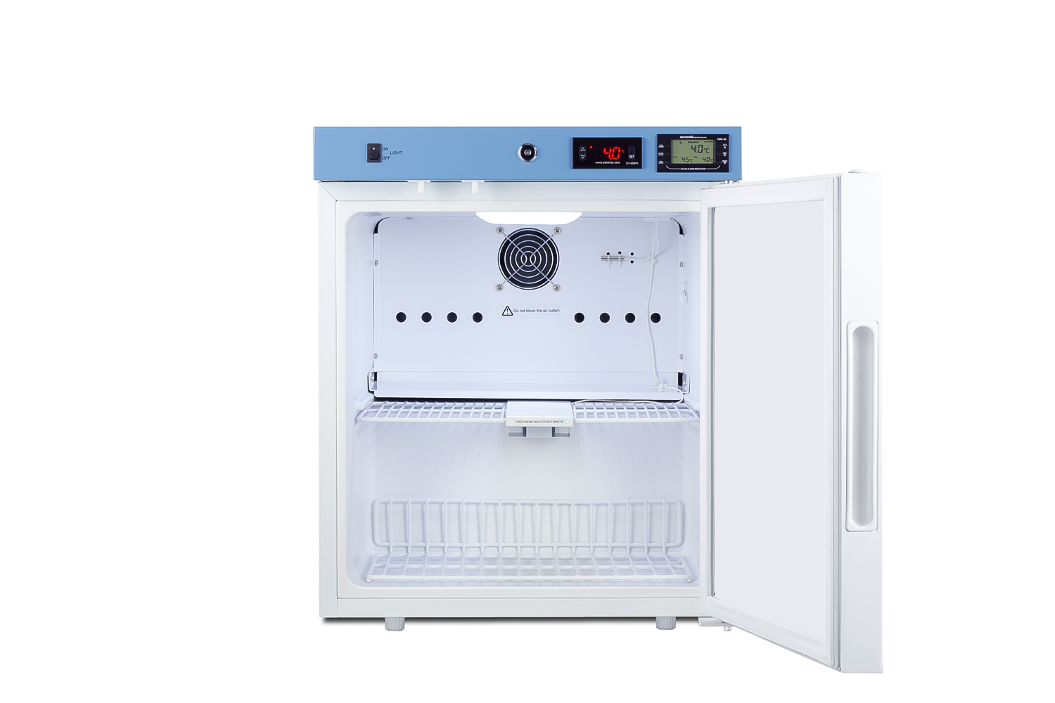 Compact healthcare all-refrigerator with self-closing glass door, front lock, digital controls, and external temperature readout